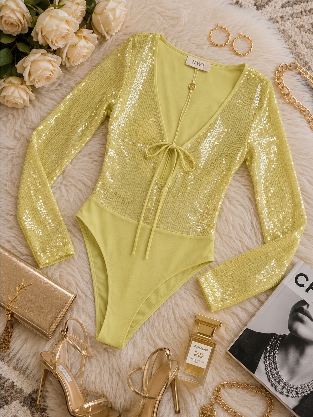 NWT Bardot Lime Sequin Tie Front Bodysuit Size 2 | Glam Festival Night Out Top